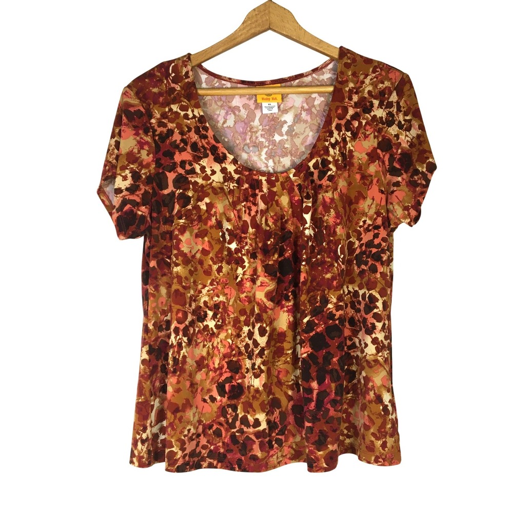 Ruby Rd XL‎ Abstract Print Short Sleeve Pleat Neck Top Women